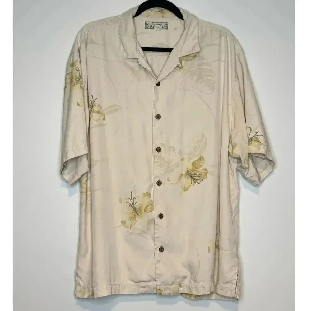 Tommy Bahama Mens Large Silk Floral Camp Shirt Ivory Yellow Short Sleeve